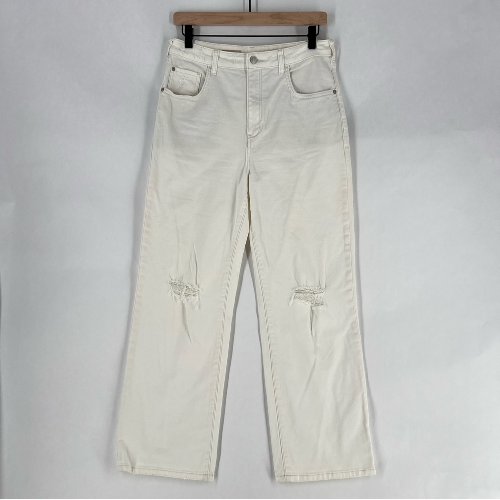Anthropologie Pilcro Distressed White Denim High Rise Wide Leg Crop Jean Size 28
